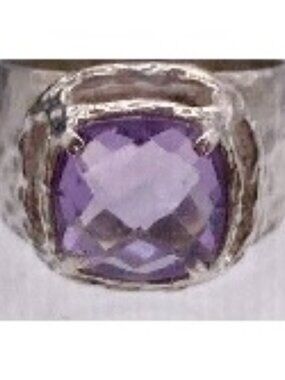 925 Sterling Faceted Amethyst & Hammered Band Signed PZ lsrael Ring Sz 8